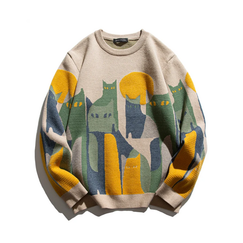 Katho Bequemer Damen Strickpullover mit Katzenmotiv