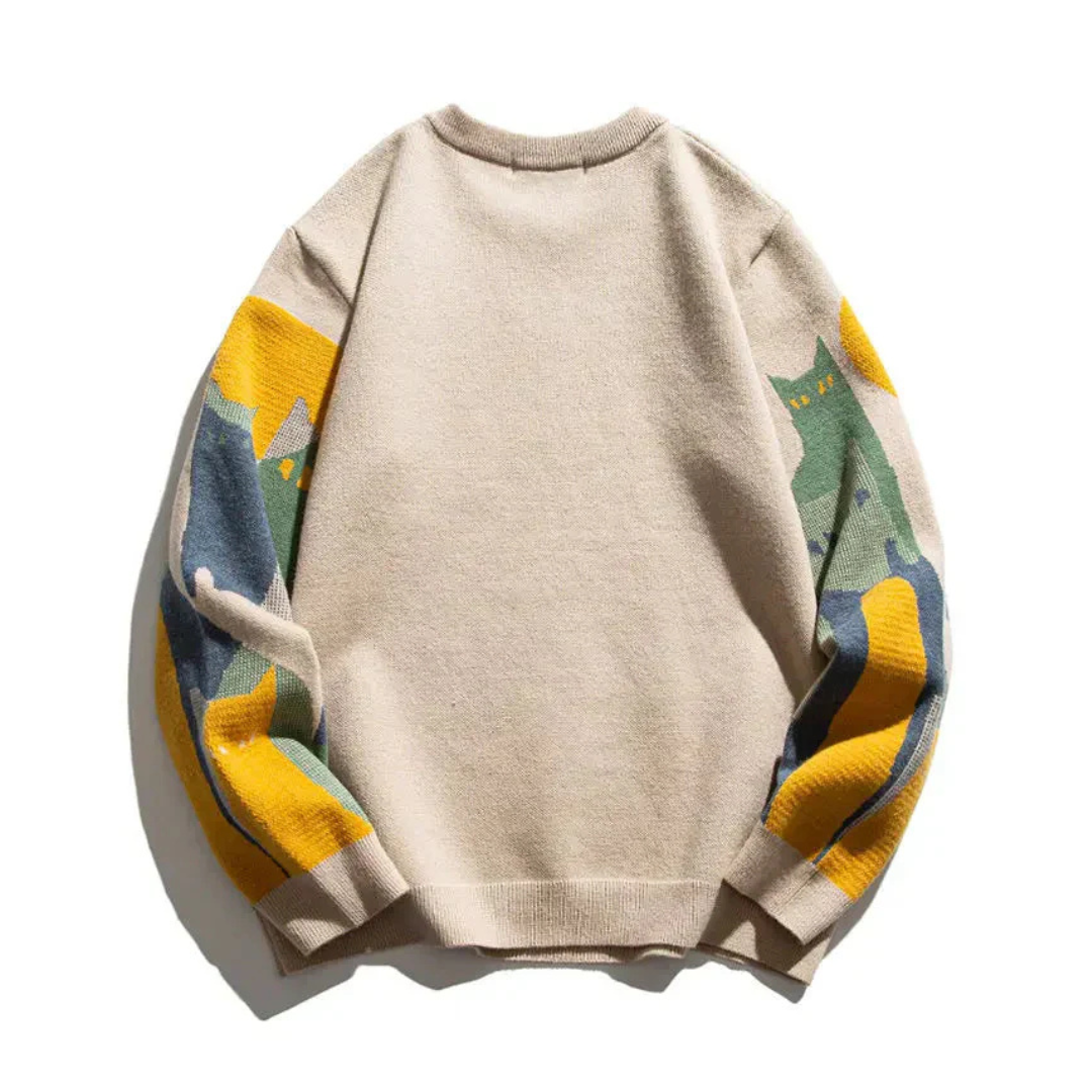 Katho Bequemer Damen Strickpullover mit Katzenmotiv