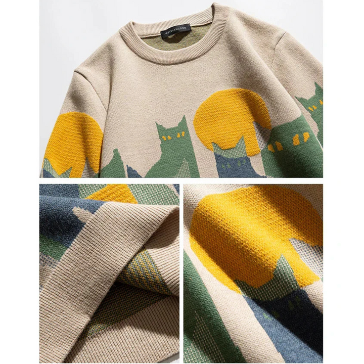 Katho Bequemer Damen Strickpullover mit Katzenmotiv