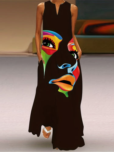 Modisches Damen Maxi-Kleid mit Gesichtsdruck