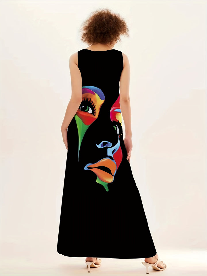 Modisches Damen Maxi-Kleid mit Gesichtsdruck