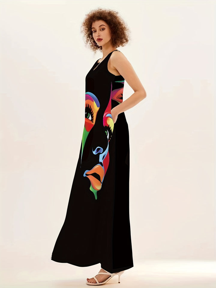 Modisches Damen Maxi-Kleid mit Gesichtsdruck