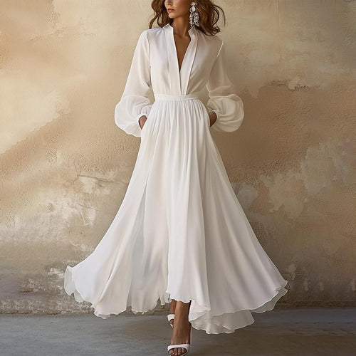 Vintage Damen Maxi-Kleid mit V-Ausschnitt