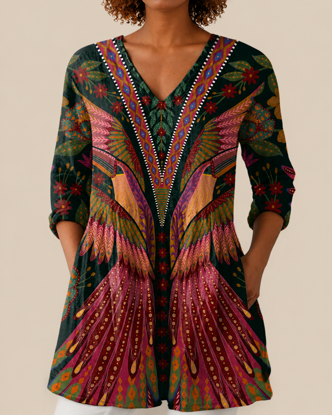Ausdrucksstarke Lange Damen Bluse mit Muster