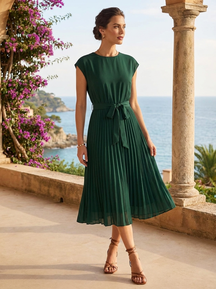 Elegantes Damen Midikleid mit Plisseerock und Gürtel