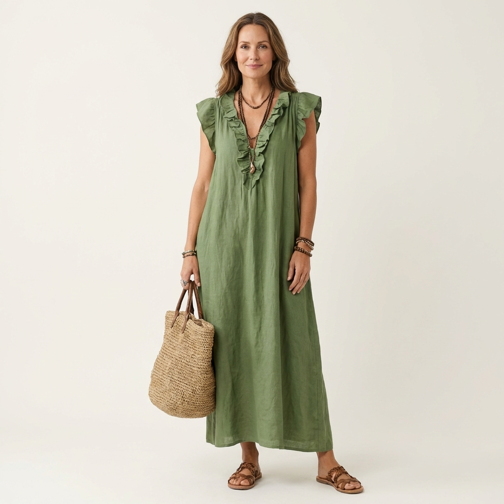 Elegantes Gerüschtes Damen Maxikleid mit V-Ausschnitt