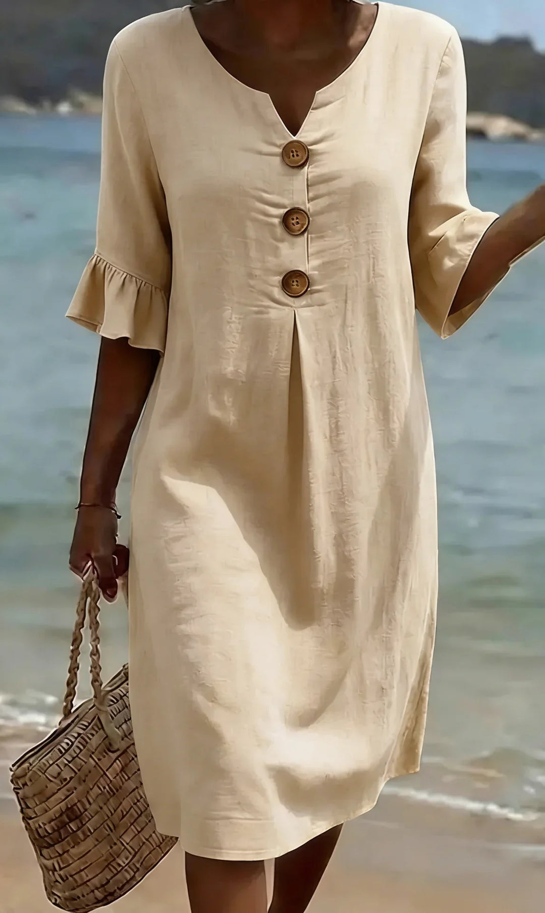 Lässiges Damen Leinenkleid mit Puffärmeln und Knöpfen
