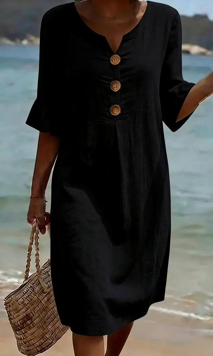 Lässiges Damen Leinenkleid mit Puffärmeln und Knöpfen