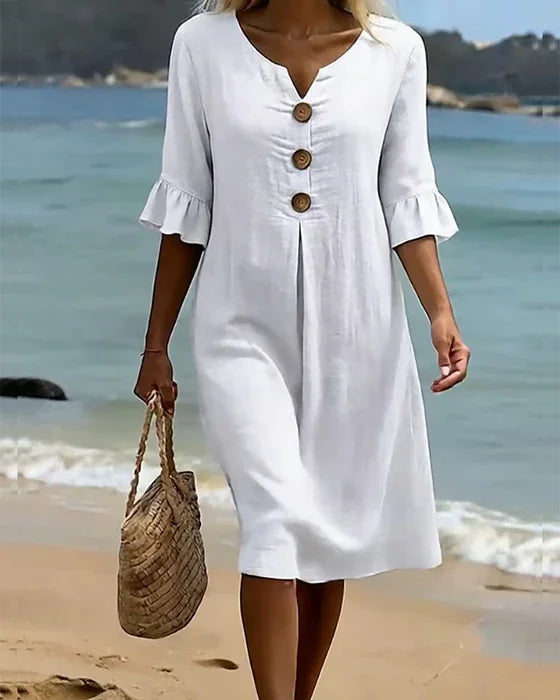 Lässiges Damen Leinenkleid mit Puffärmeln und Knöpfen