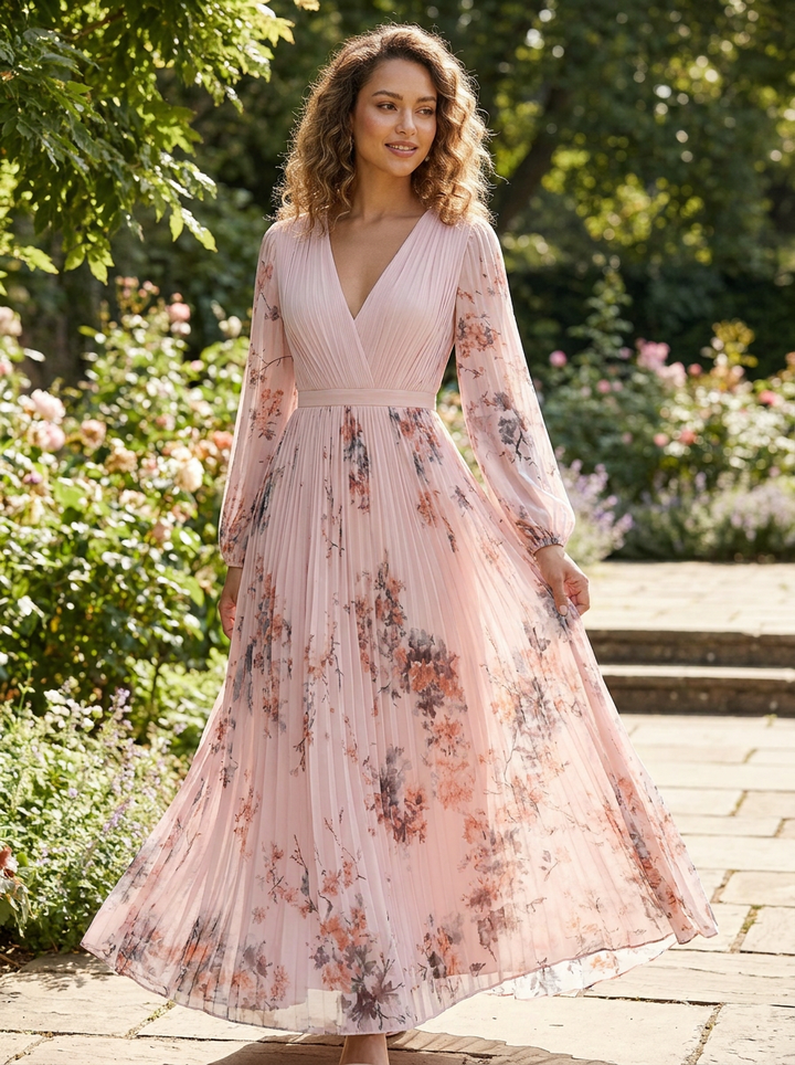 Elegantes Plissee Damen Midikleid mit V-Ausschnitt