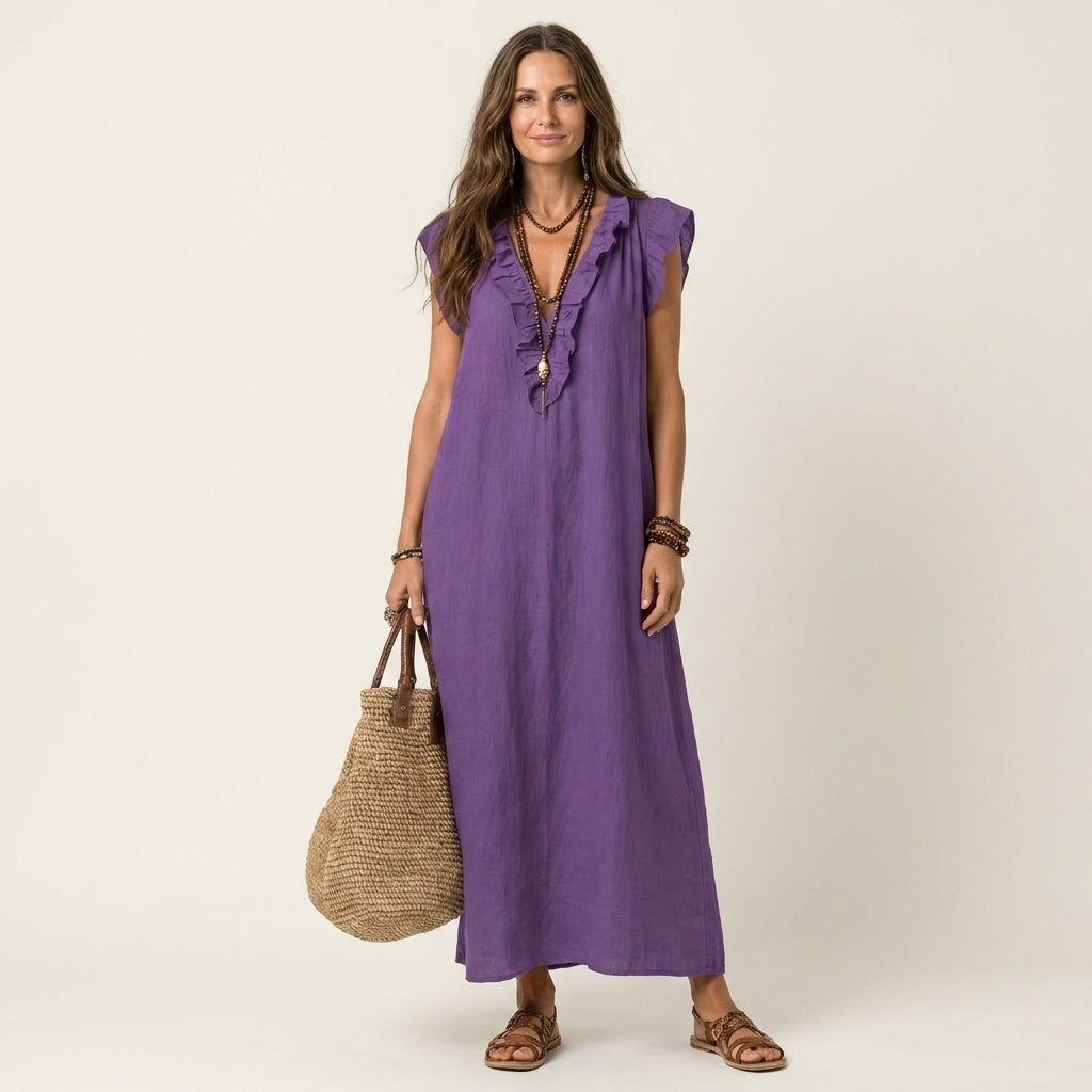 Elegantes Gerüschtes Damen Maxikleid mit V-Ausschnitt