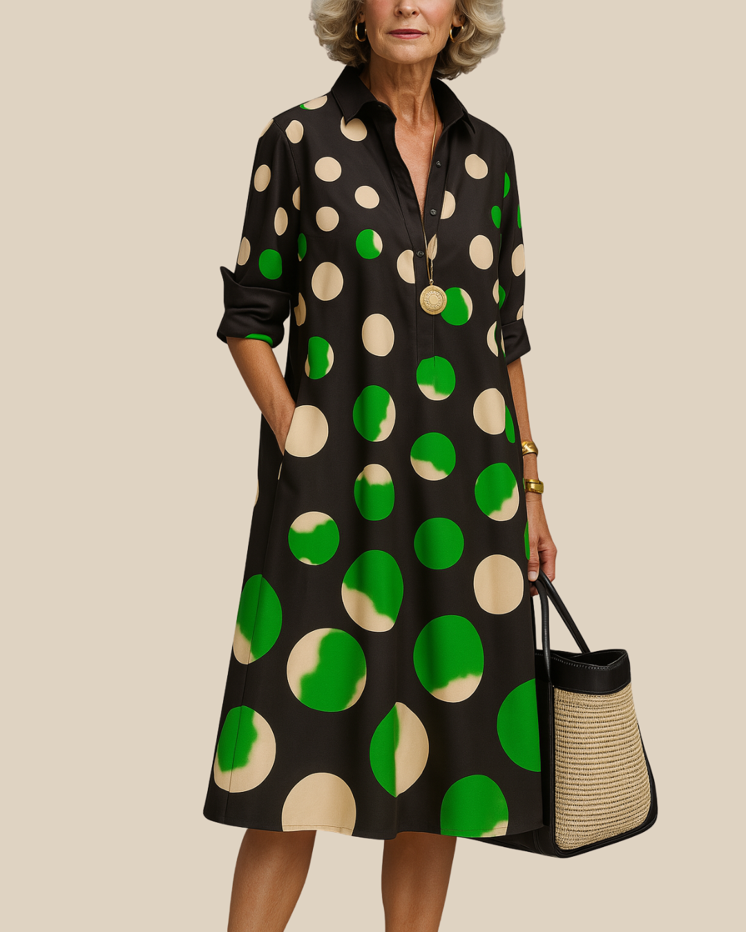 Elegantes Damen Hemdblusenkleid mit Punktemuster