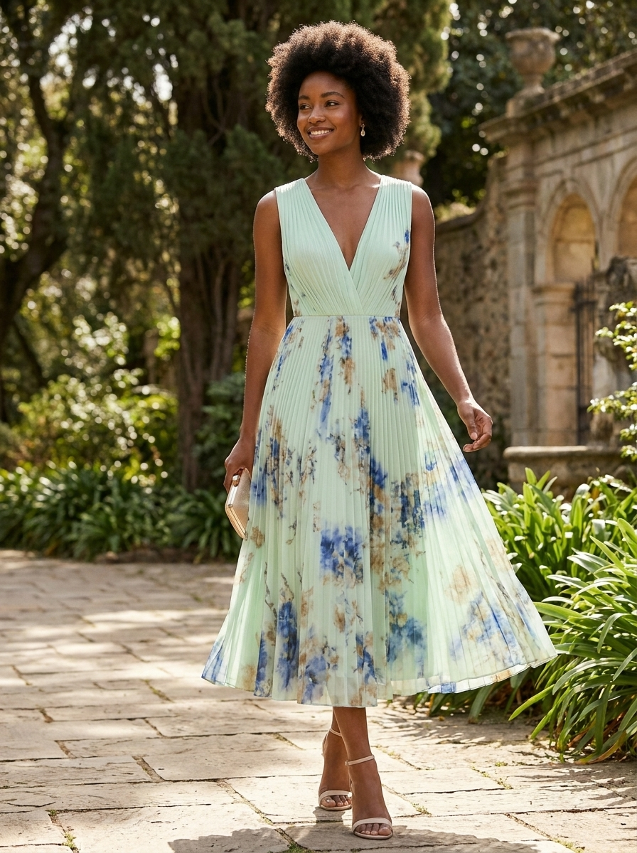 Elegantes Plissee Damen Midikleid mit V-Ausschnitt