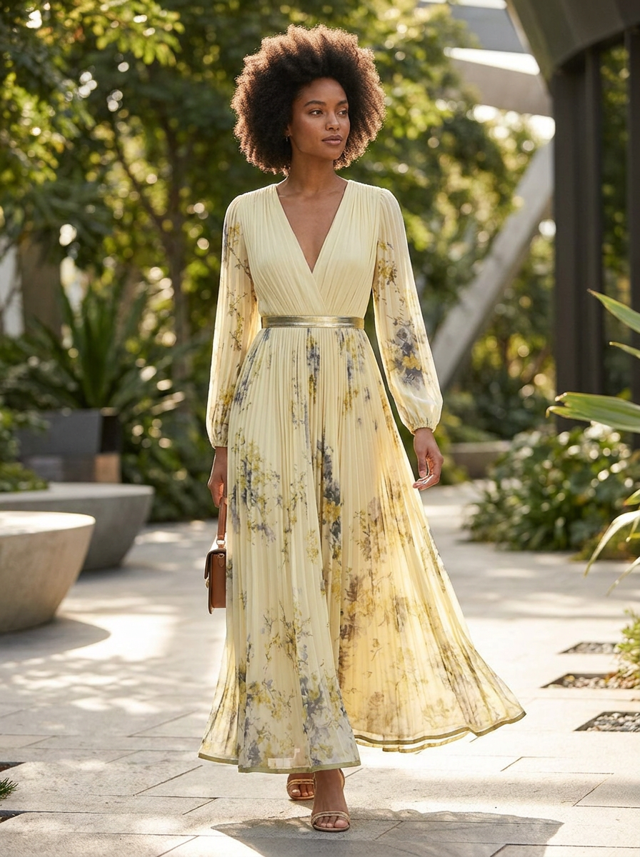 Elegantes Plissee Damen Midikleid mit V-Ausschnitt