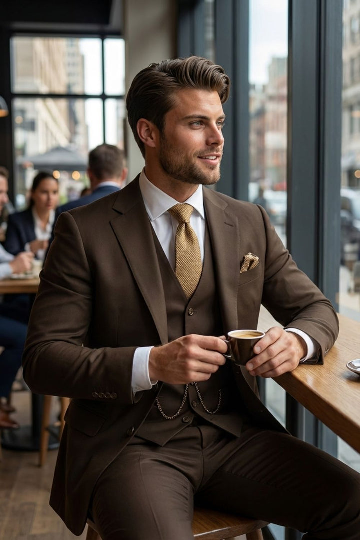 Herren Sommeranzug 3-Teilig Braun – Hochzeit Bräutigam Business Look