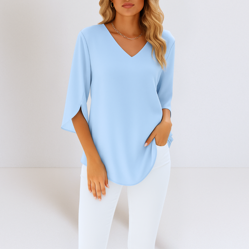 Elegante Sommerliche Damen Bluse mit V-Ausschnitt und geschlitzten Ärmeln