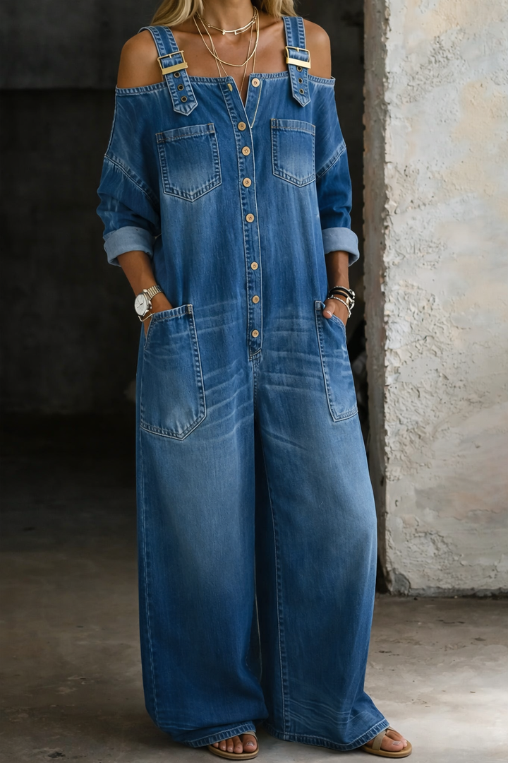 Modischer Schulterfrei Damen Denim-Jumpsuit