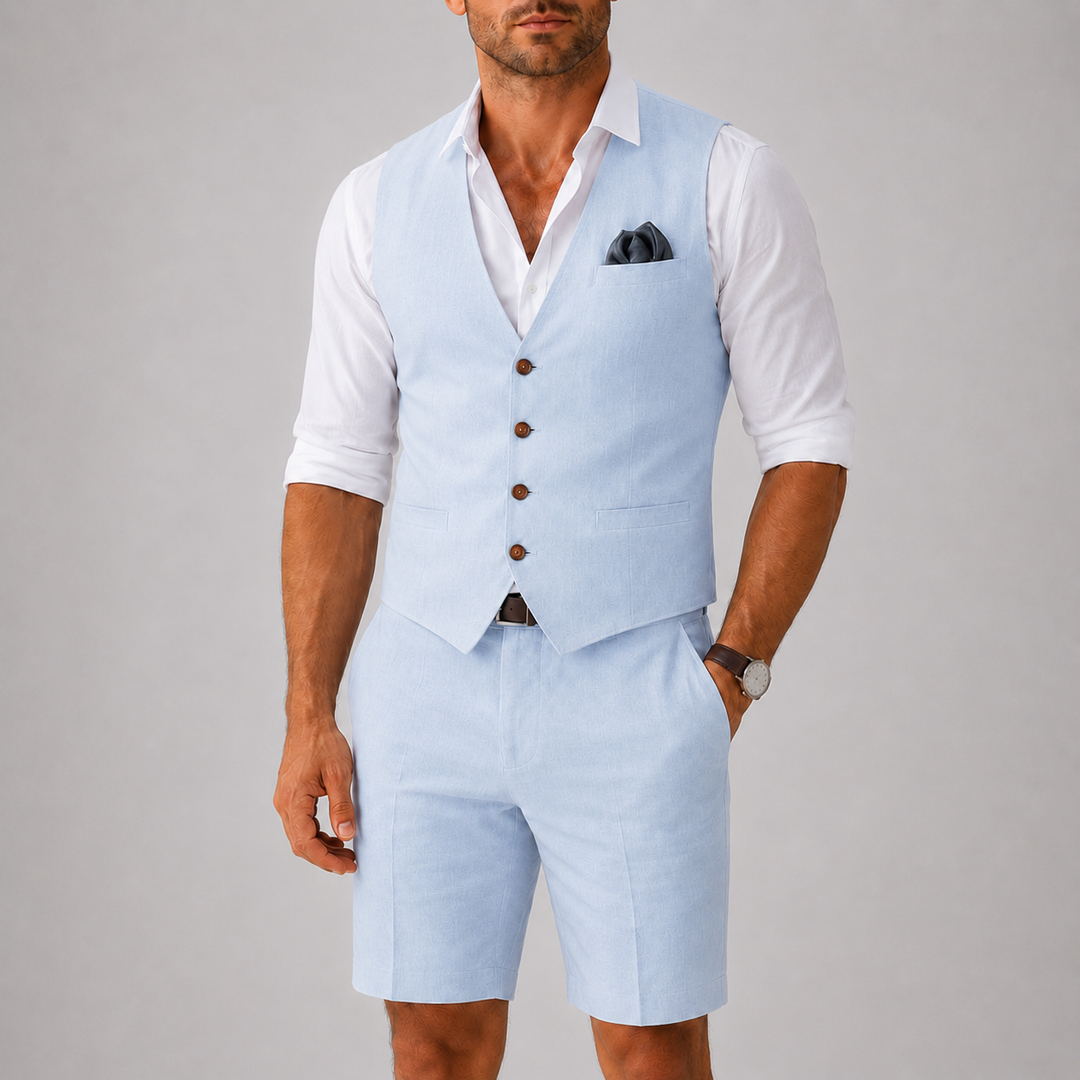 Sommerliches Leinen Herren Westen- und Shorts-Set