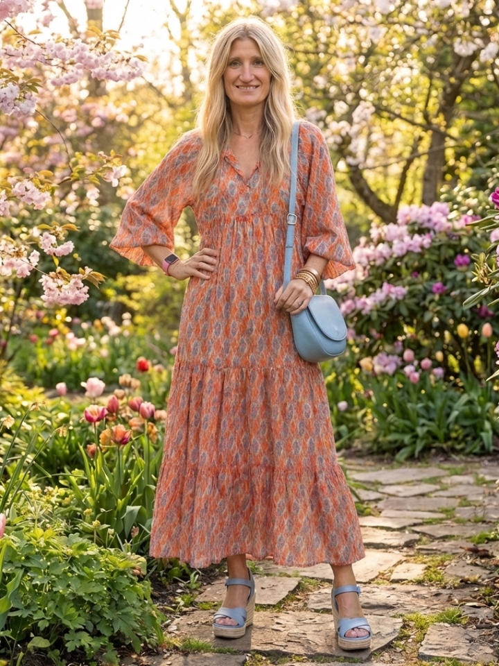 Luftiges Geometrisches Damen Midi-Kleid mit V-Ausschnitt