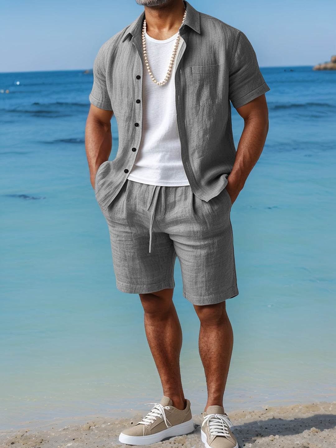 Lässiges Leinen Herren Hemd-Shorts-Set mit Kordelzug