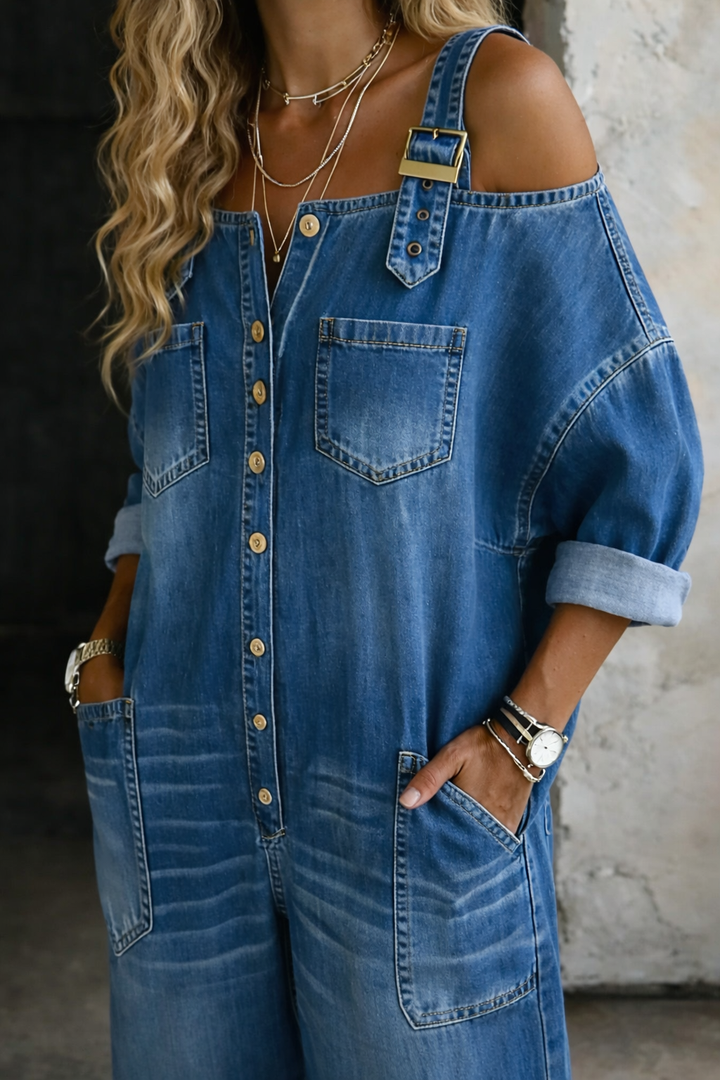 Modischer Schulterfrei Damen Denim-Jumpsuit