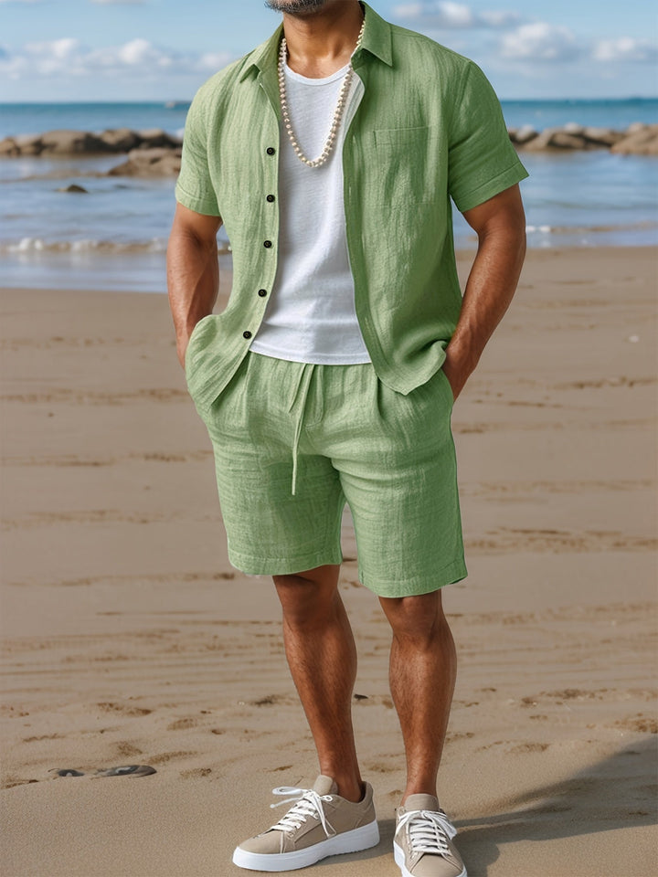 Lässiges Leinen Herren Hemd-Shorts-Set mit Kordelzug