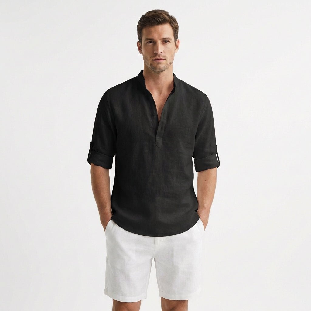 Herren Leinen Henley Hemd Stehkragen Gekrempelte Ärmel - Negro