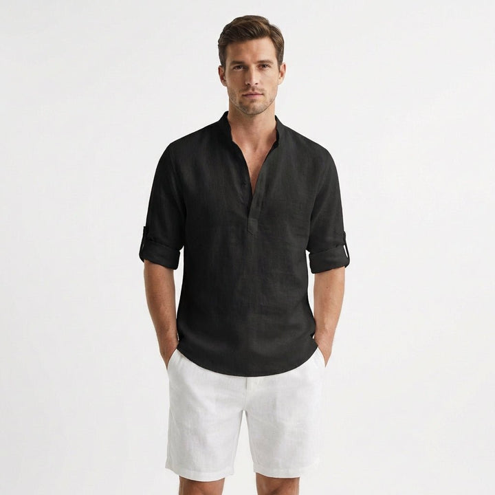 Herren Leinen Henley Hemd Stehkragen Gekrempelte Ärmel - Negro