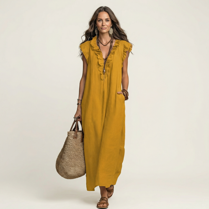 Elegantes Gerüschtes Damen Maxikleid mit V-Ausschnitt