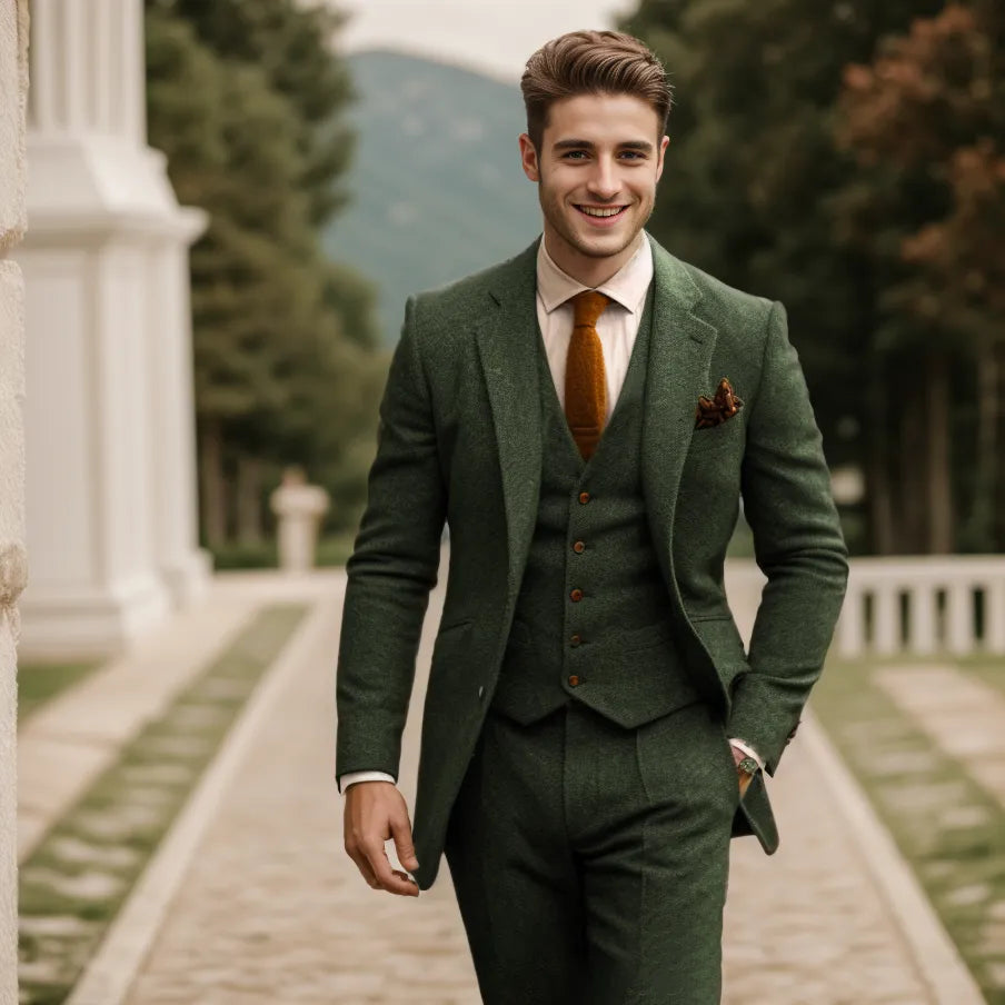 Eleganter Klassischer Herren Dreiteiliger Tweed Anzug