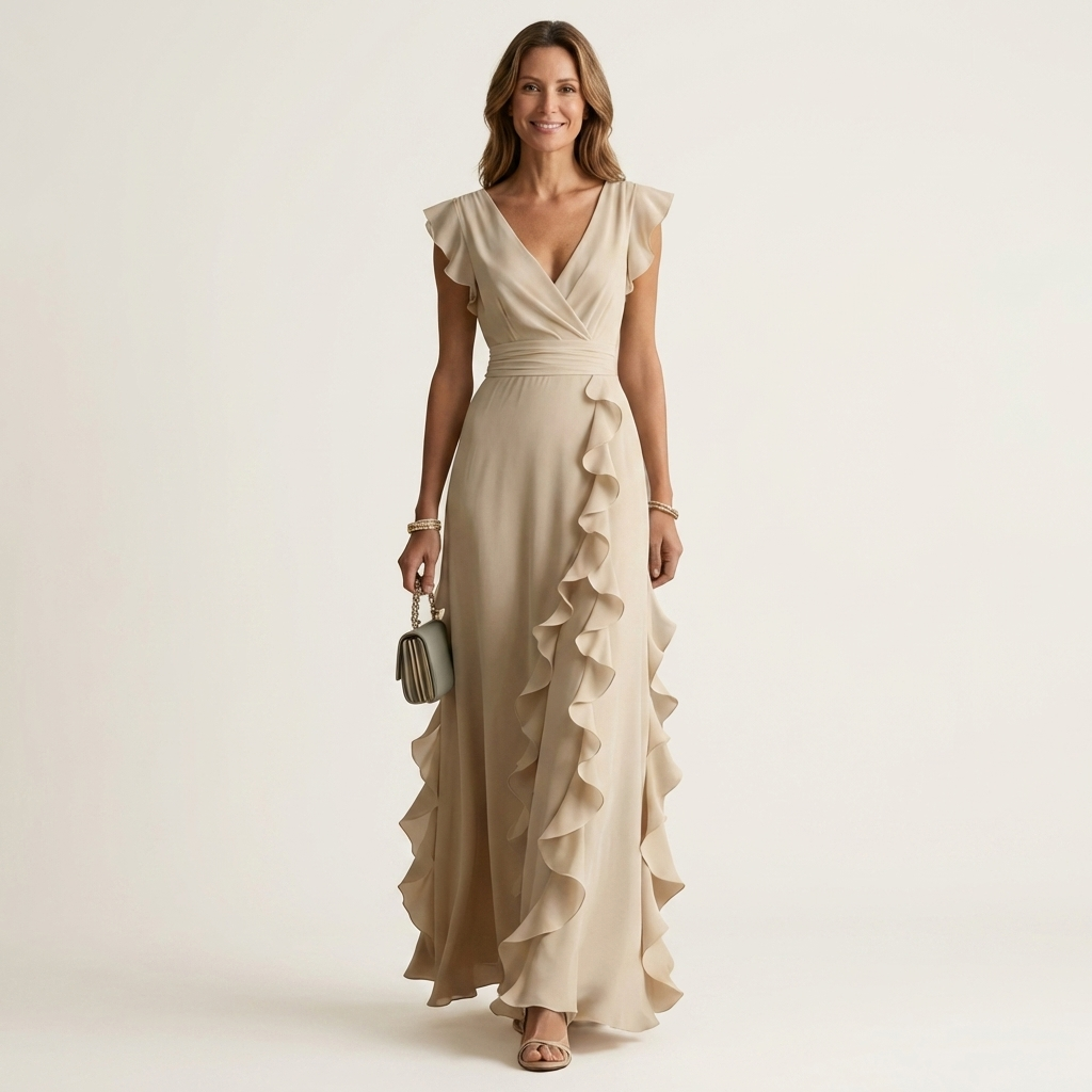 Elegantes Damen Maxikleid mit Wickel-V-Ausschnitt und Flatterärmeln