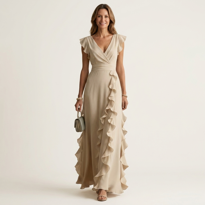 Elegantes Damen Maxikleid mit Wickel-V-Ausschnitt und Flatterärmeln