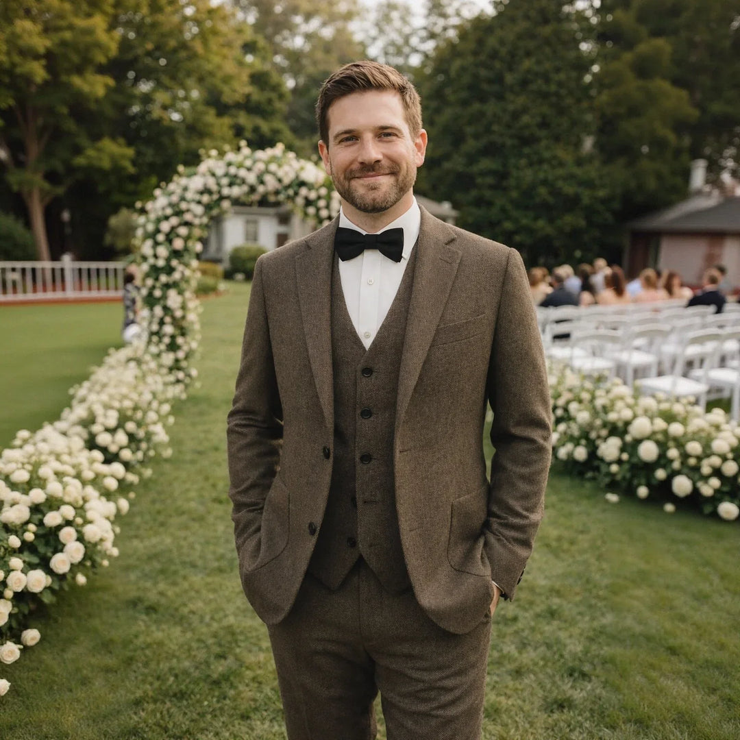 Eleganter Klassischer Herren Dreiteiliger Tweed Anzug