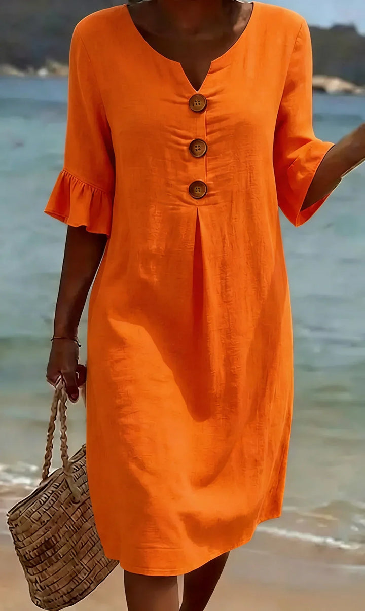 Lässiges Damen Leinenkleid mit Puffärmeln und Knöpfen
