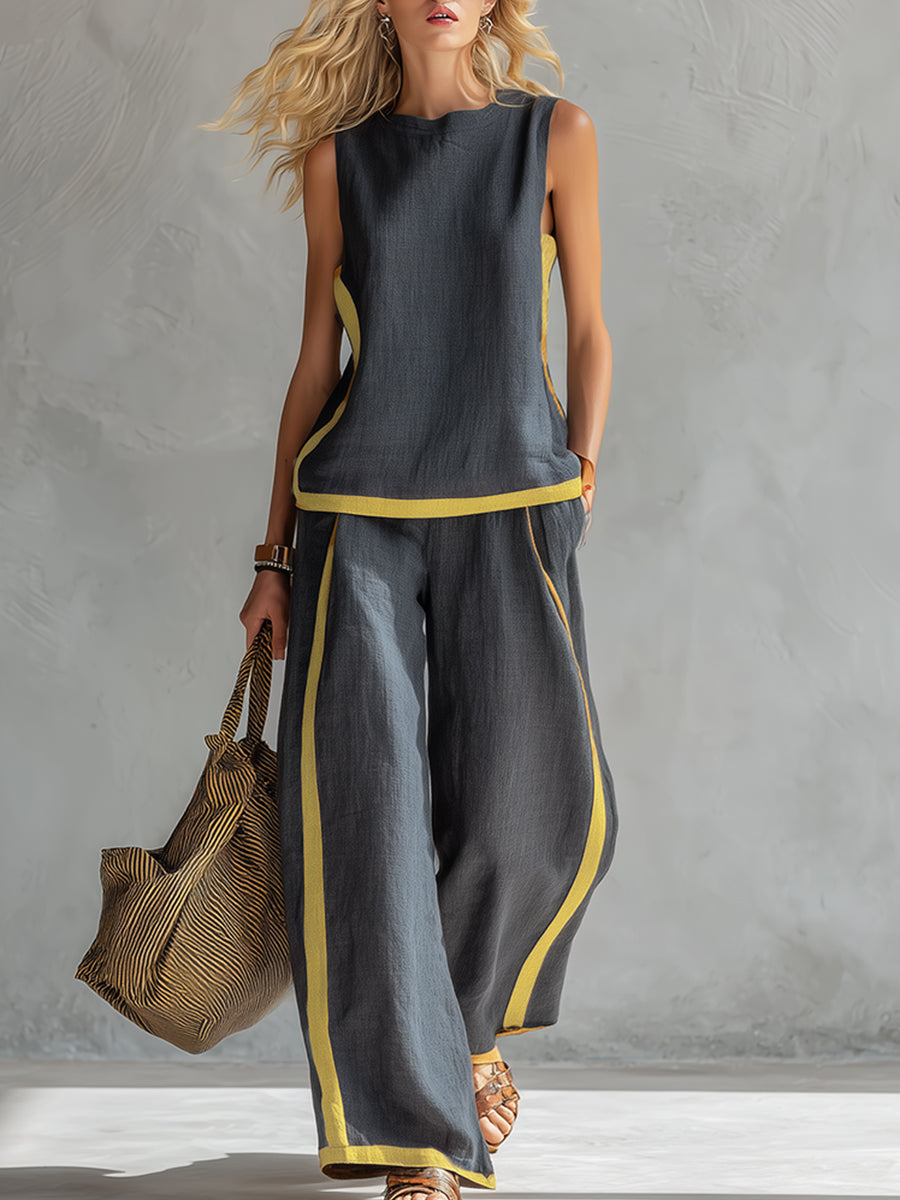 Elegantes Zweiteiliges Damen Set – Weste &amp; Hose aus Baumwoll-Leinen-Mix