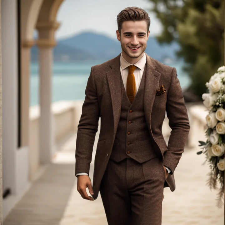 Eleganter Klassischer Herren Dreiteiliger Tweed Anzug