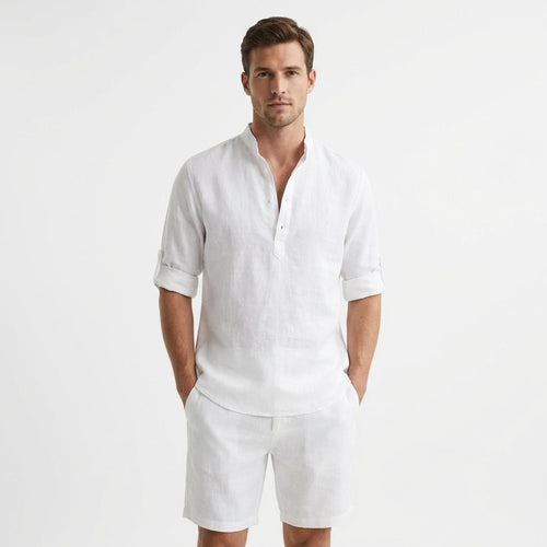 Herren Leinen Henley Hemd Stehkragen Gekrempelte Ärmel - Blanco