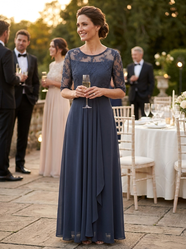 Elegantes Festliches Damen Chiffon-Maxikleid mit Spitzenoberteil