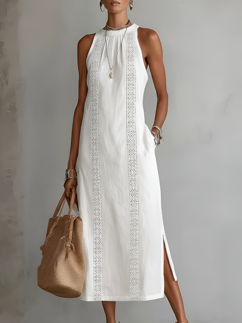 Elegantes Sommerliches Damen Midi-Kleid mit Stehkragen
