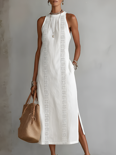 Elegantes Sommerliches Damen Midi-Kleid mit Stehkragen