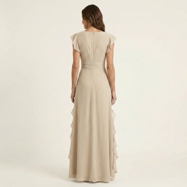 Elegantes Damen Maxikleid mit Wickel-V-Ausschnitt und Flatterärmeln
