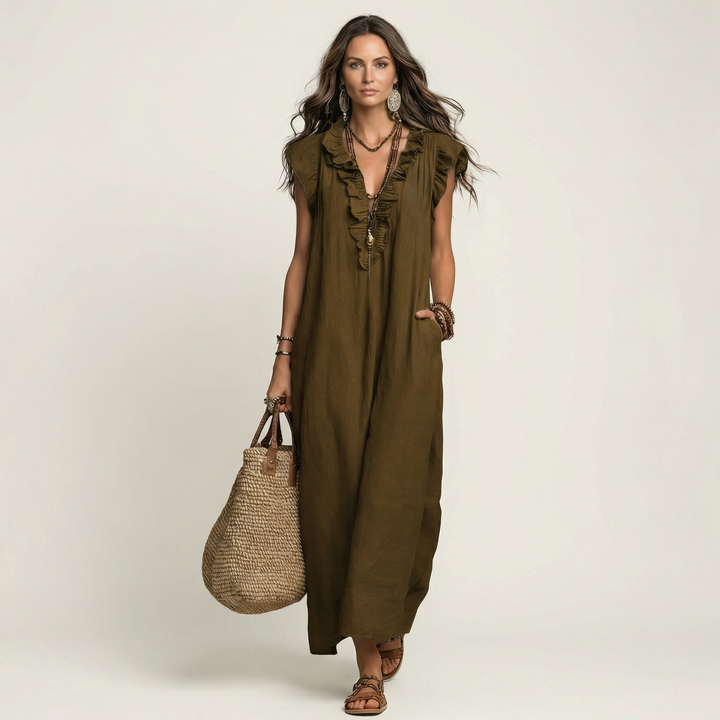 Elegantes Gerüschtes Damen Maxikleid mit V-Ausschnitt