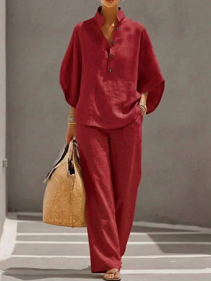 Elegantes Leinen Damen Zweiteiler-Set mit Fledermausärmeln und Weiter Hose