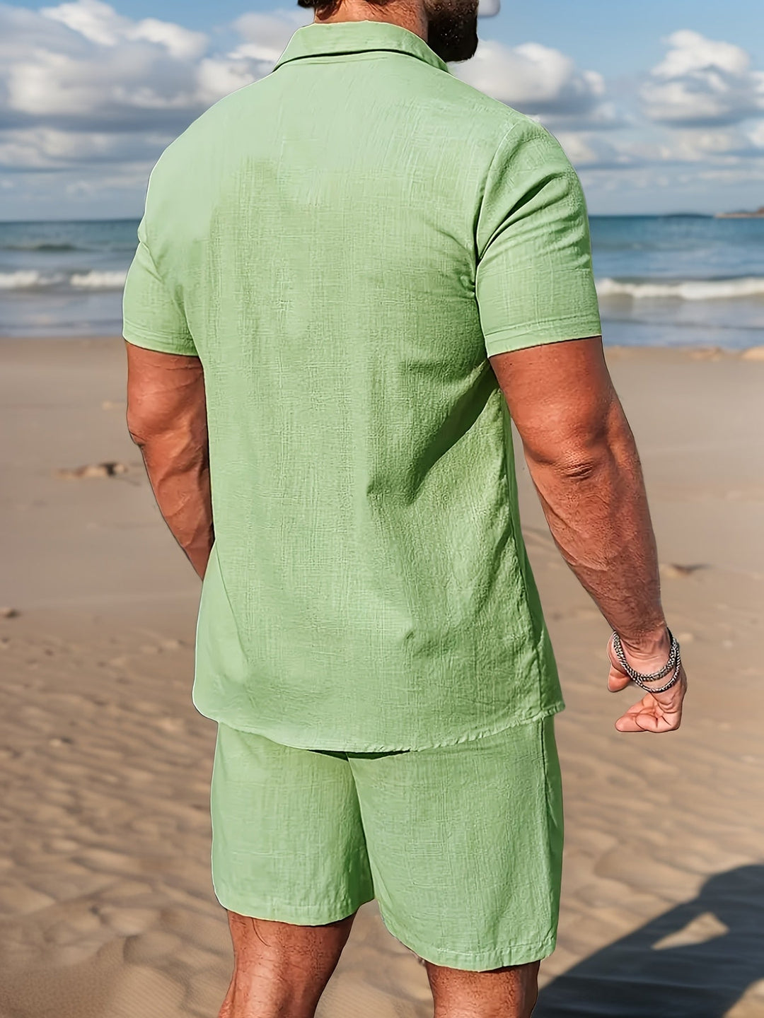 Lässiges Leinen Herren Hemd-Shorts-Set mit Kordelzug
