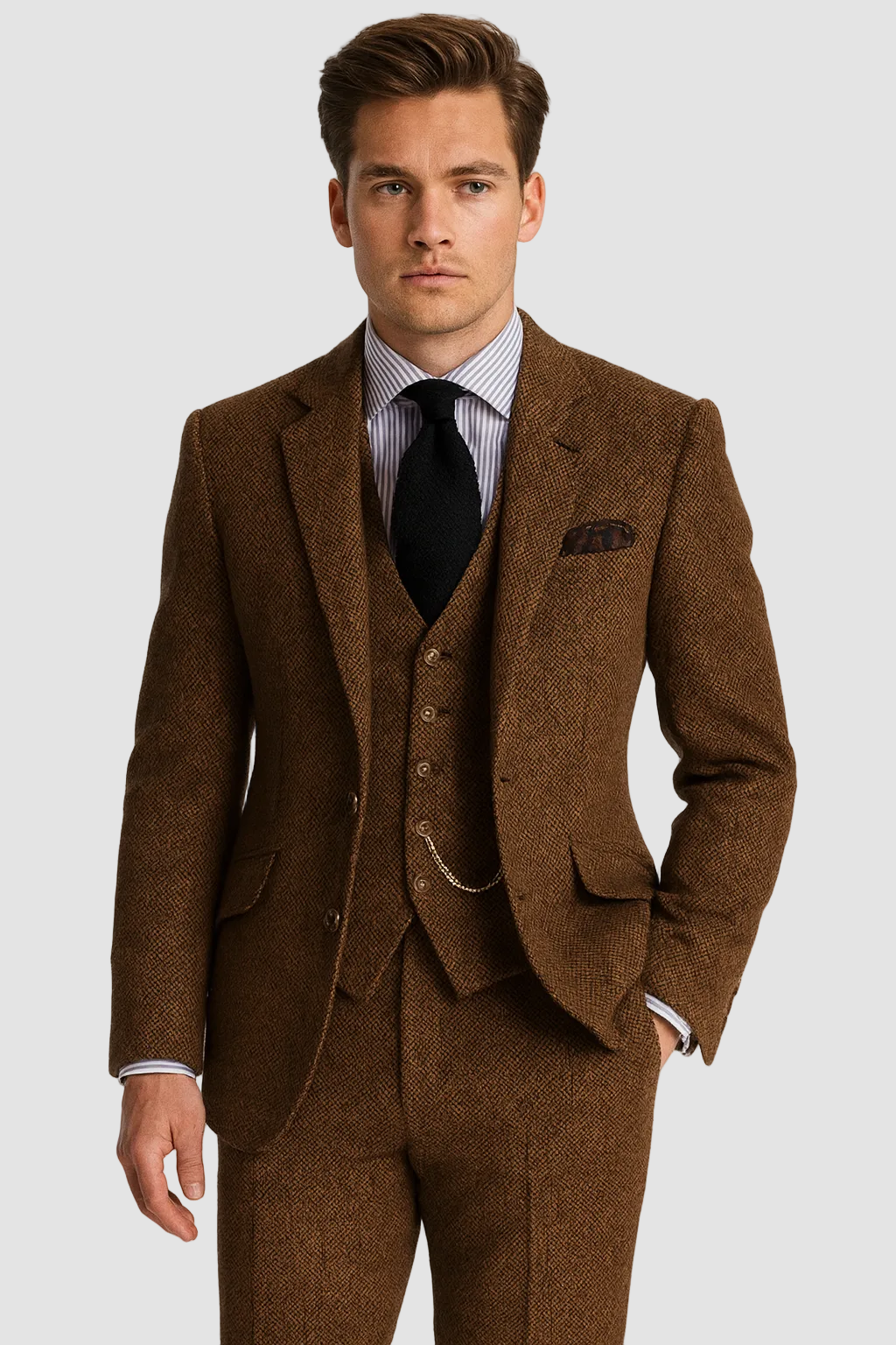 Klassischer Dreiteiliger Herren Tweed-Anzug mit Taschenuhrkette