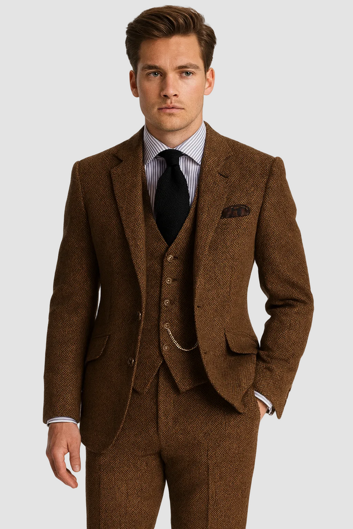 Klassischer Dreiteiliger Herren Tweed-Anzug mit Taschenuhrkette