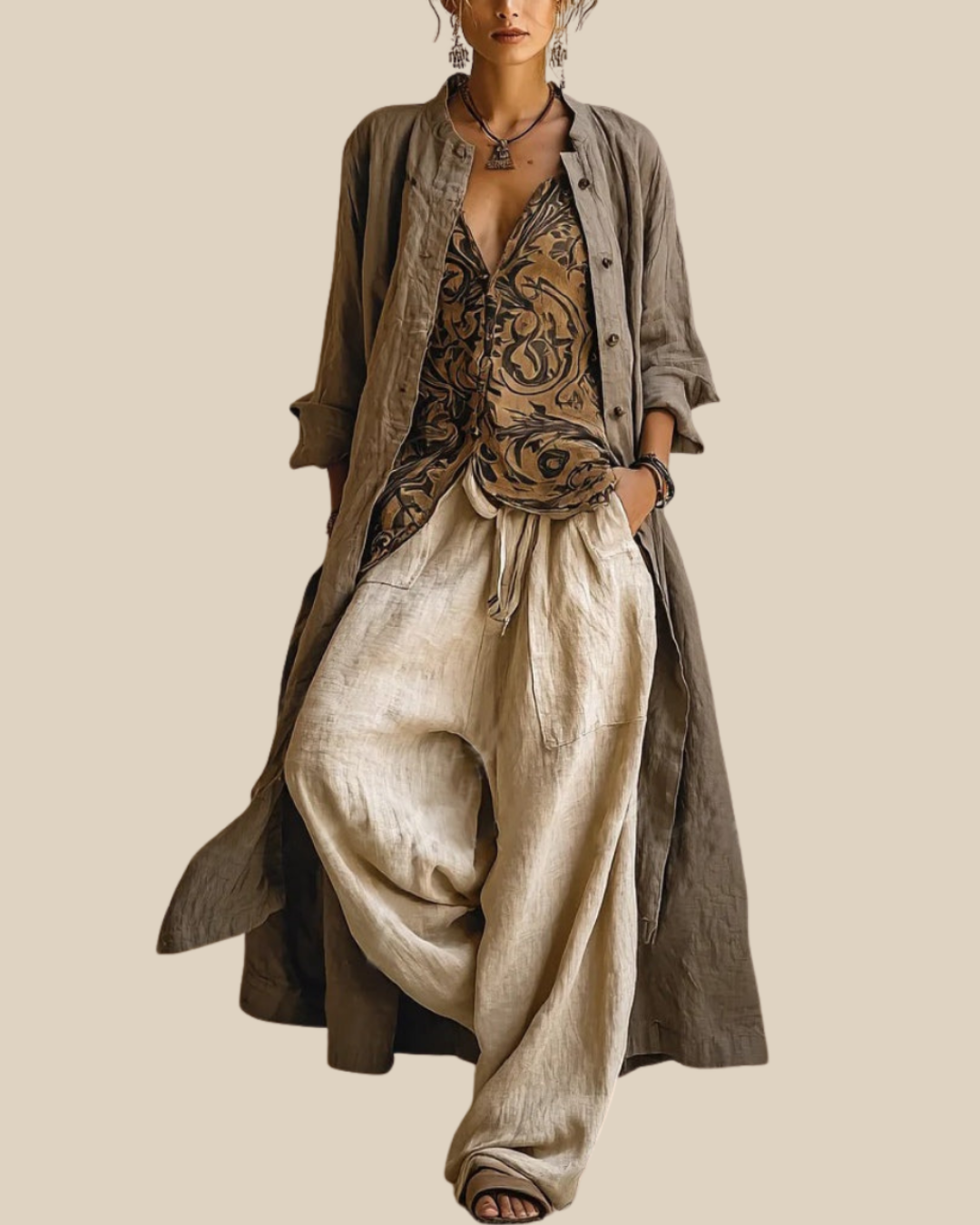Lässiges Dreiteiliges Damen Leinenlook Set