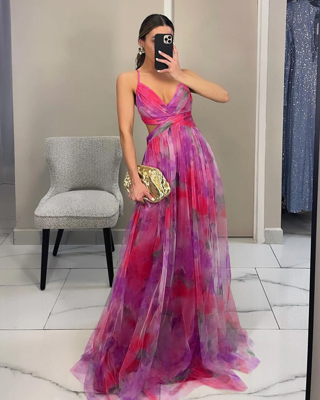 Elegantes Fließendes Damen Chiffon Maxi Kleid