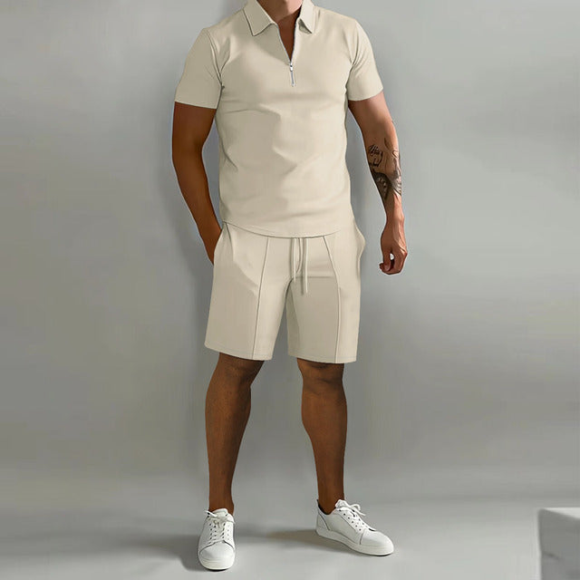 Leichtes Sommerliches Herren Polo-Shorts-Set mit Reißverschluss