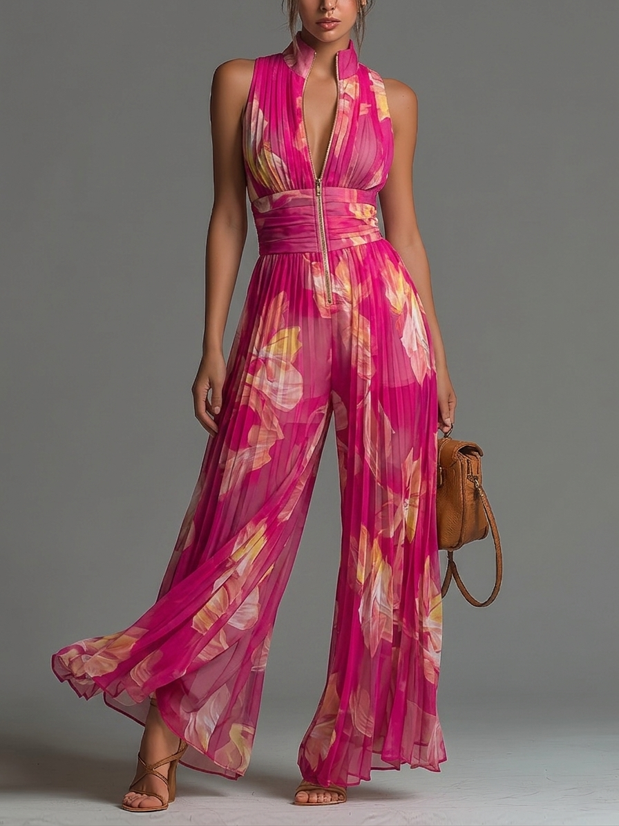 Eleganter Plissierter Damen Jumpsuit mit Blumenmuster